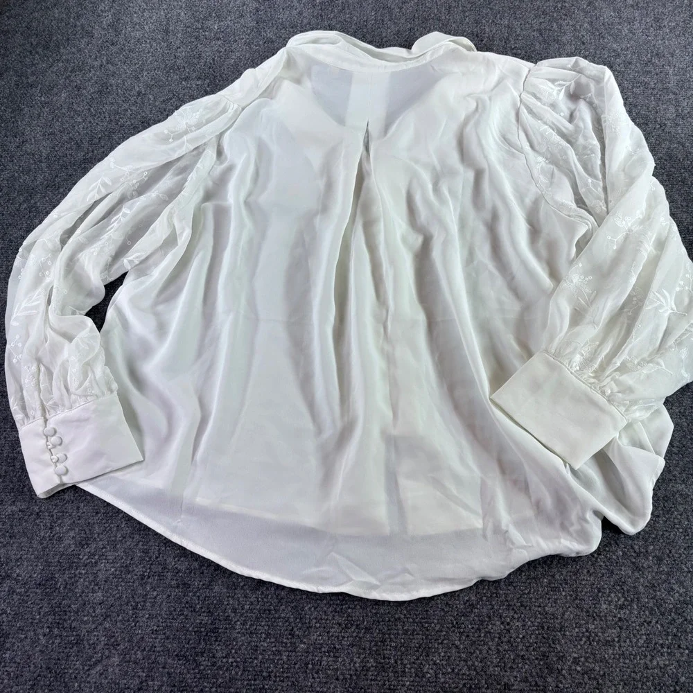 Soft Surroundings Blouse Womens 1X White Embroidered Sheer Sleeve‎ Button Up
